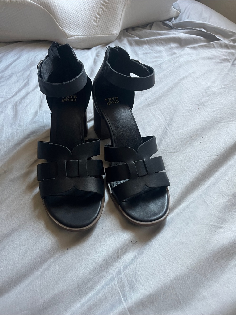 Frye Black Leather Strappy Block Heel Sandals